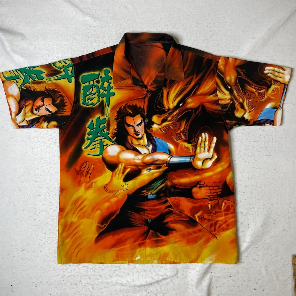 Unbranded Button Up Shirt Mens XL Orange Dragon Anime Martial Arts Graphic